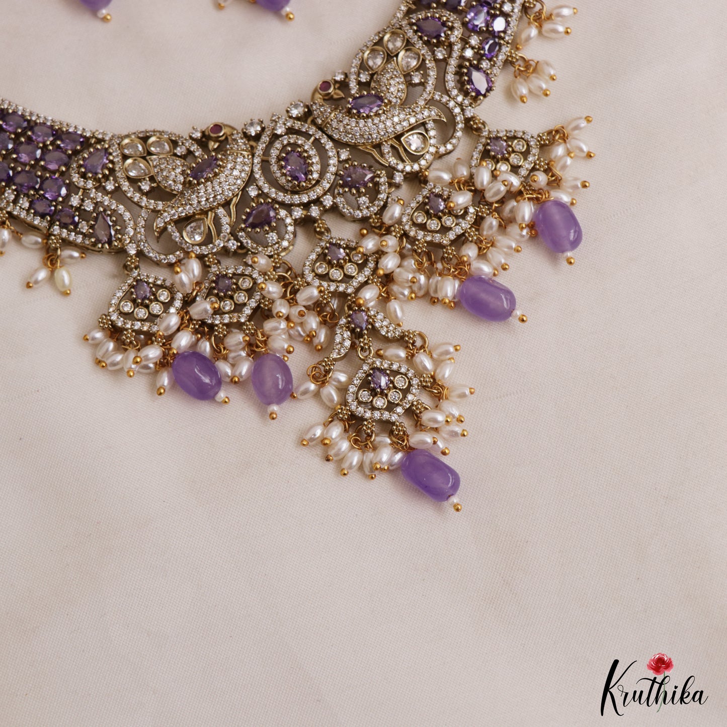Stunning Peacock Teardrop Motifs AD Victorian Choker With Rice Pearl Bead Drops NC3032