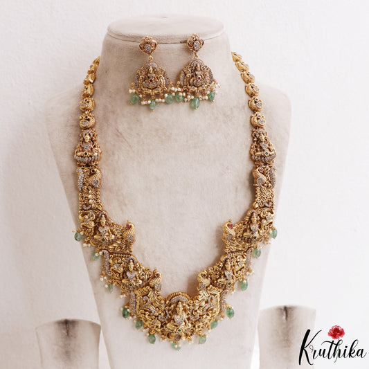 Premium Antique Nagas Lakshmi Peacock Motifs Temple Haaram With Green Bead Drops LH2213