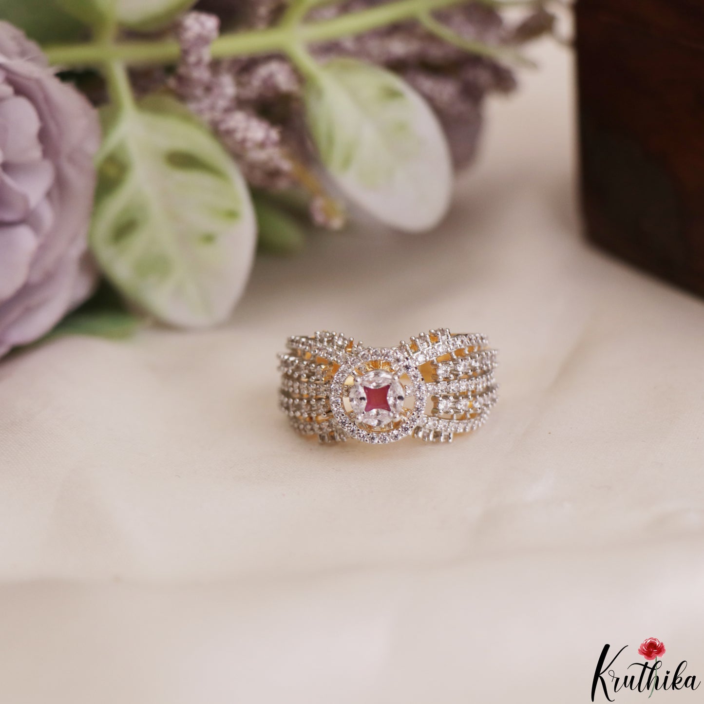 Pretty Adjustable Gold-Tone CZ Finger Ring R61 (Available in 2 Colours)