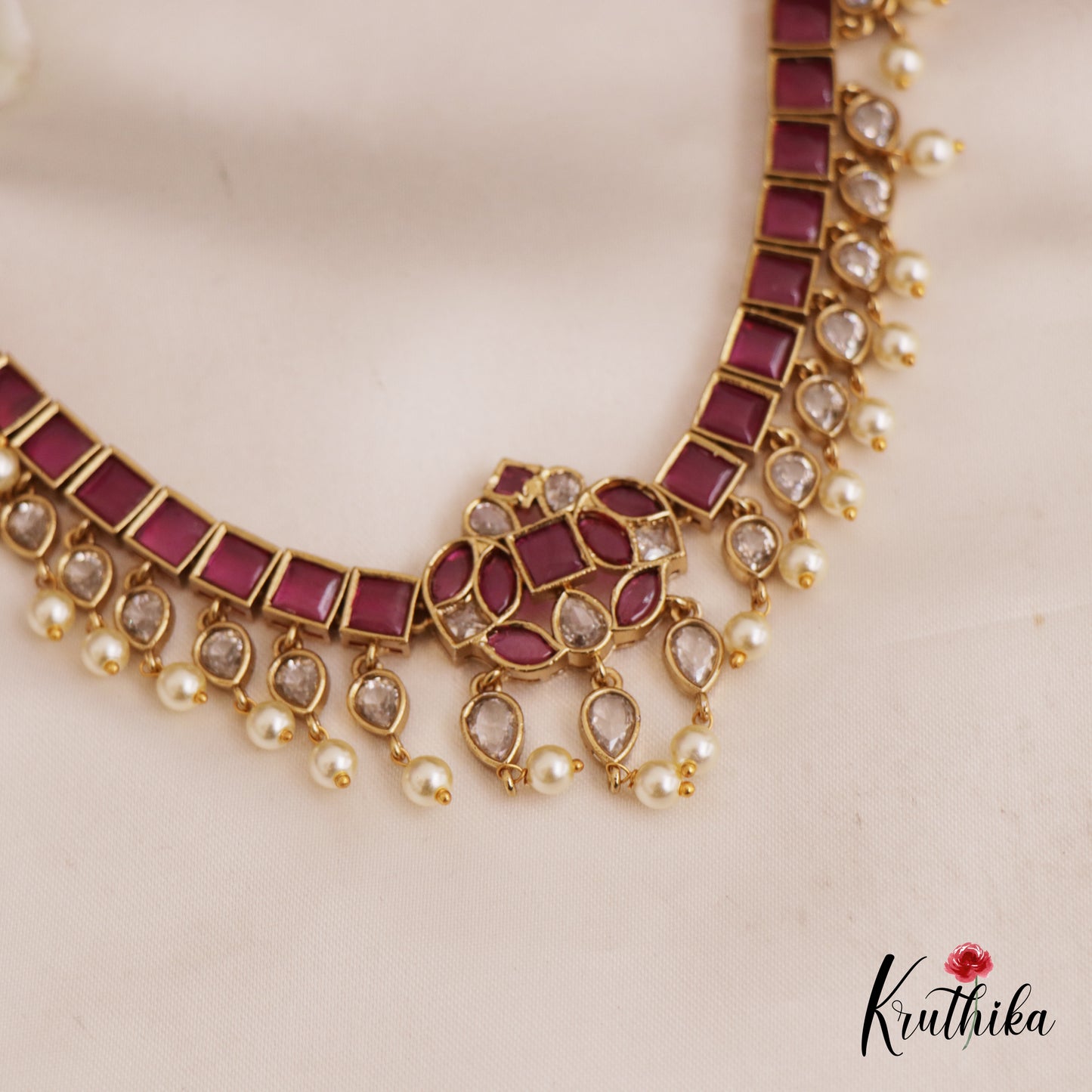 Beautiful Square Leaf Motifs Jadau Necklace With Pearl Drops NC2750 (Available In 2 Colors)
