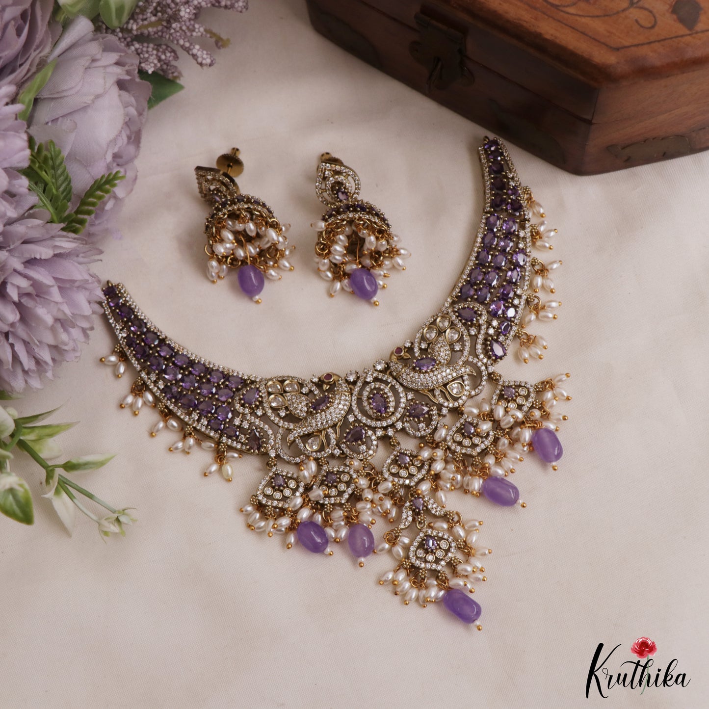 Stunning Peacock Teardrop Motifs AD Victorian Choker With Rice Pearl Bead Drops NC3032