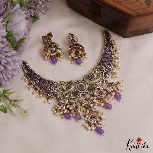 Stunning Peacock Teardrop Motifs AD Victorian Choker With Rice Pearl Bead Drops NC3032