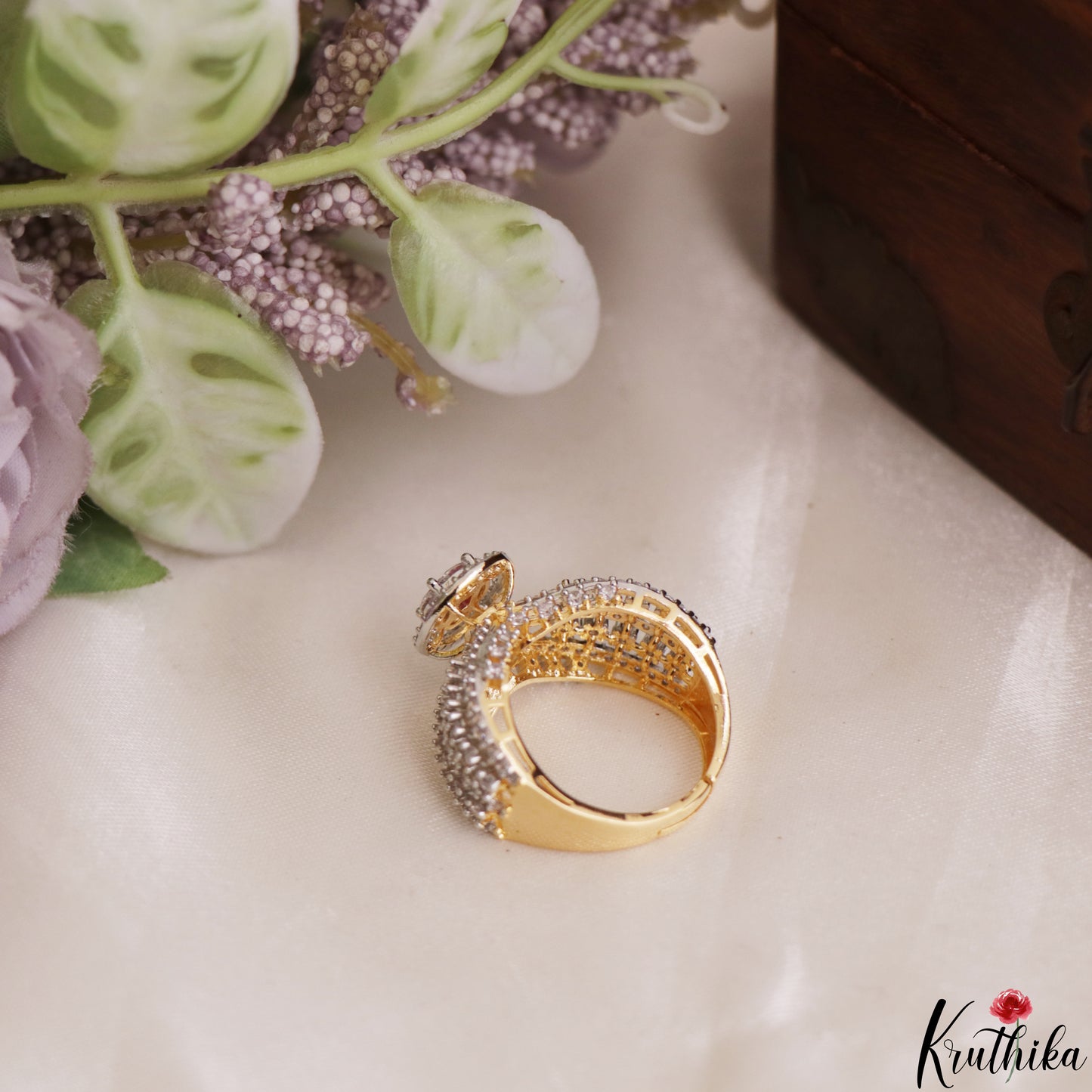 Pretty Adjustable Gold-Tone CZ Finger Ring R61 (Available in 2 Colours)