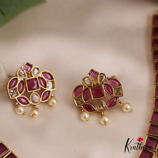 Beautiful Square Leaf Motifs Jadau Necklace With Pearl Drops NC2750 (Available In 2 Colors)