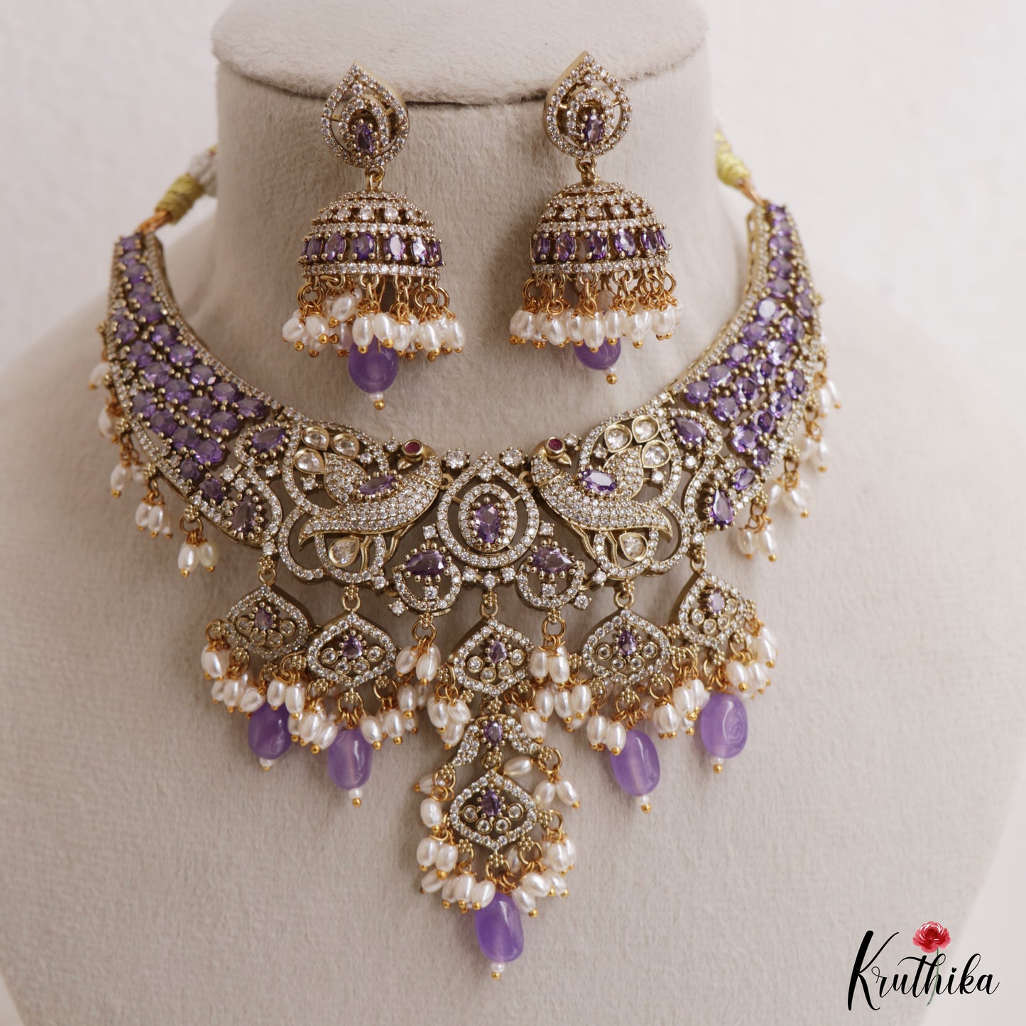 Stunning Peacock Teardrop Motifs AD Victorian Choker With Rice Pearl Bead Drops NC3032