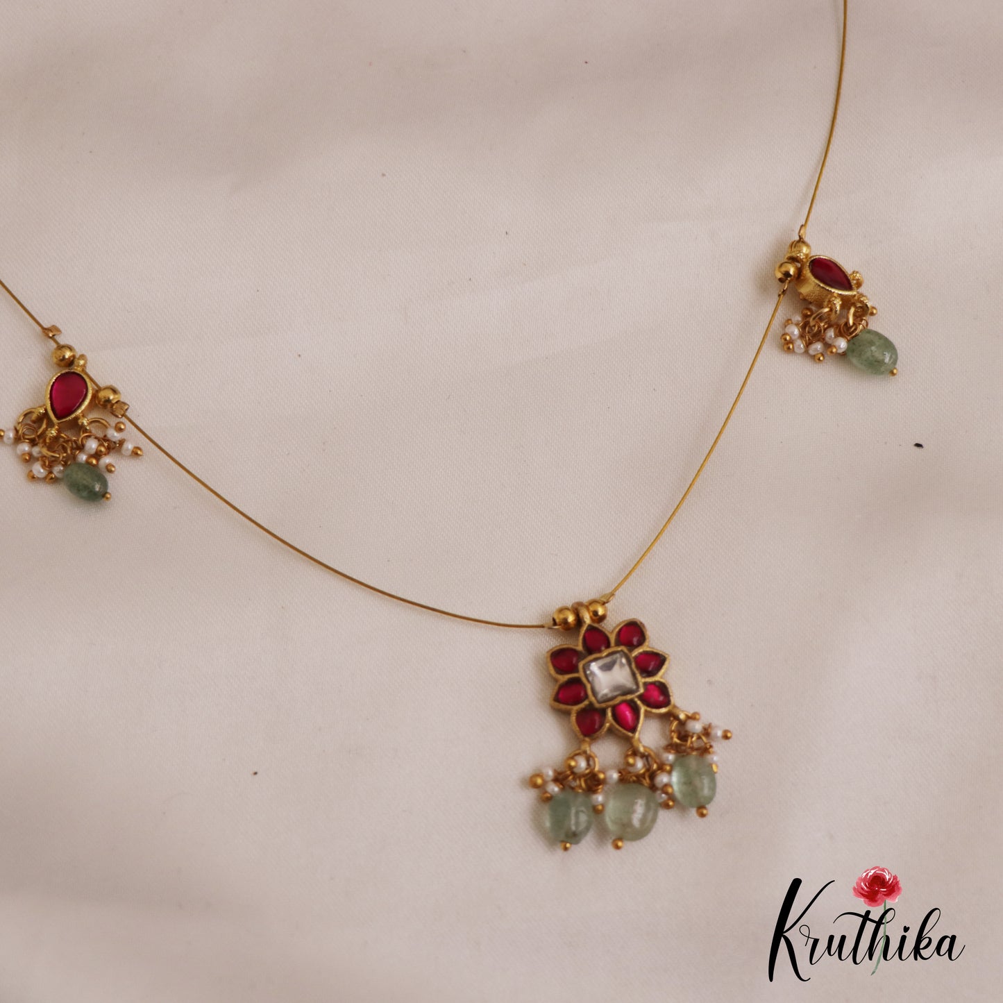 Simple Floral Motifs Jadau Invisible Chain With Bead Drops NC2722 (Available In 2 Colors)