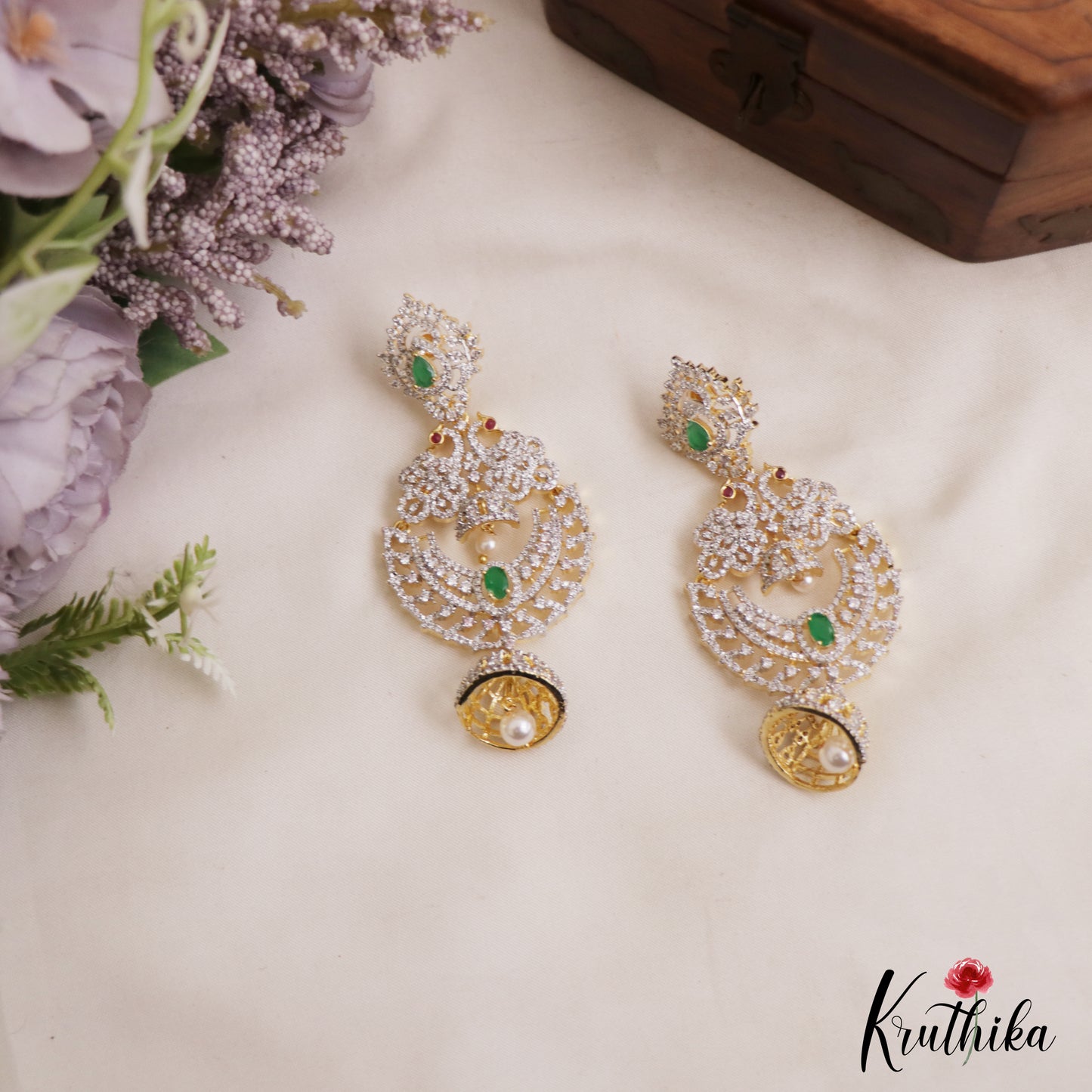Stunning Peacock Motifs AD Victorian Chandbali Jhumka Earrings With Pearl Drop E1132 (Available In 3 Colors)
