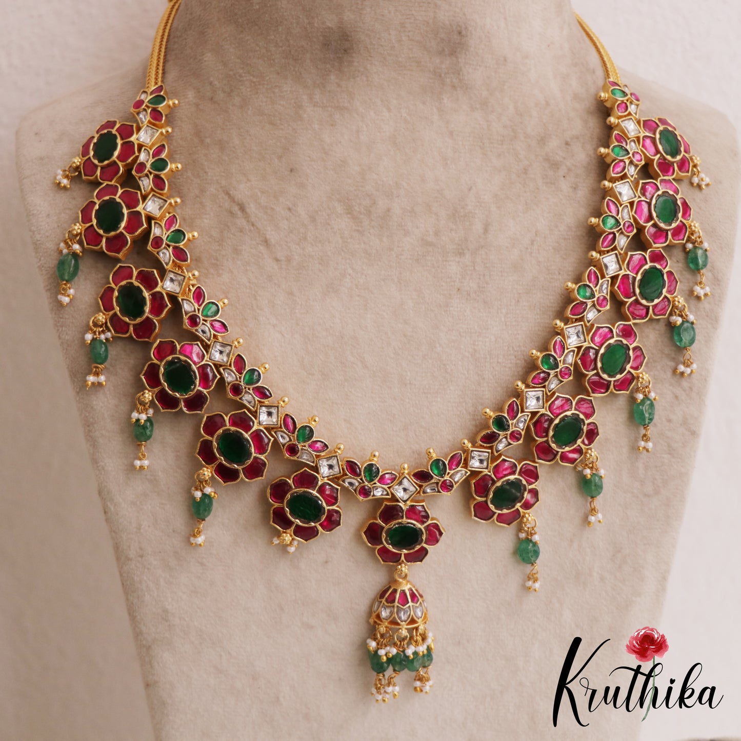 Stunning Floral Motifs Jadau Necklace With Green Bead Drops NC2834