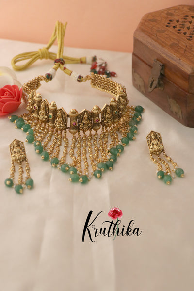 Elegant Lakshmi Chocker with Green Beads NC1307