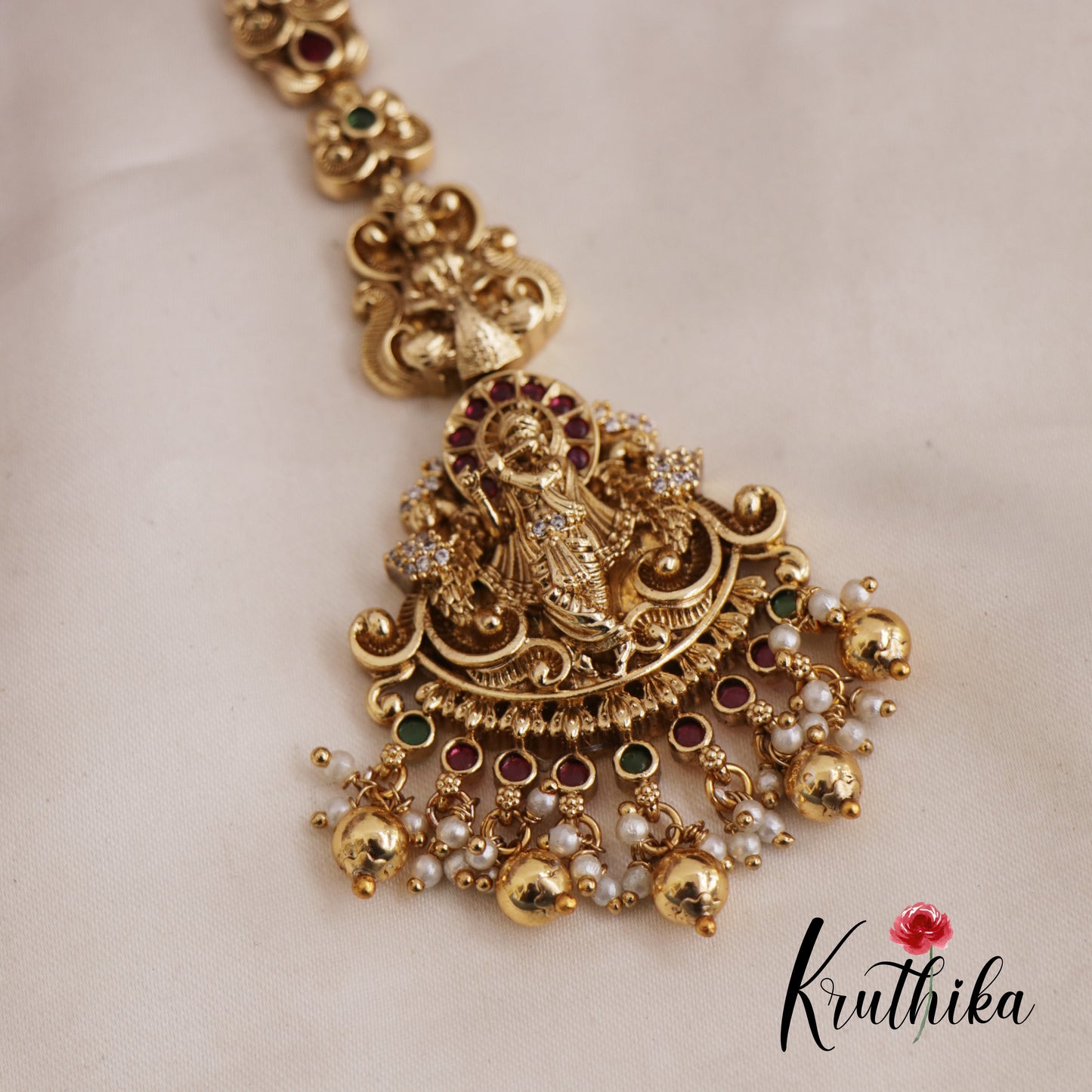 Beautiful Krishna Motifs Maang Tikka With Pearl And Bead Drops MT331 (Available In 2 Colors)