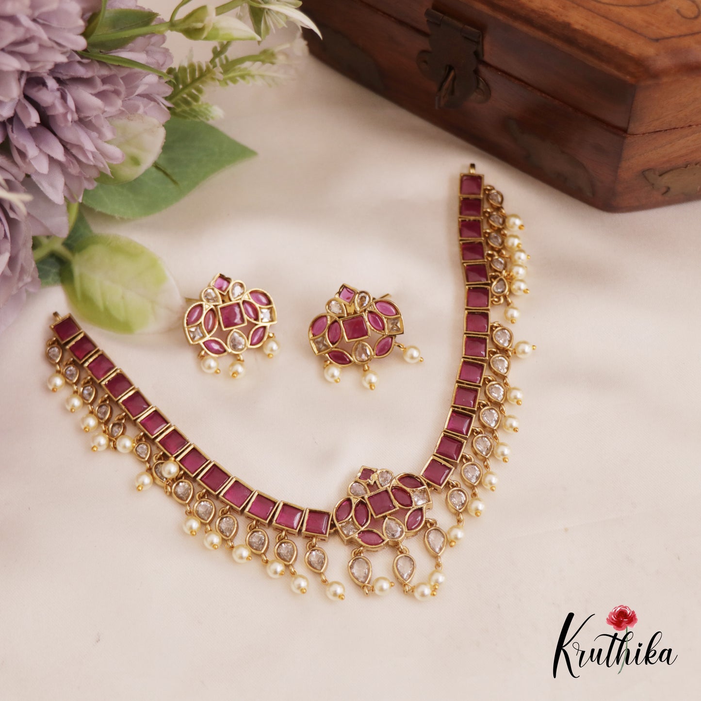 Beautiful Square Leaf Motifs Jadau Necklace With Pearl Drops NC2750 (Available In 2 Colors)