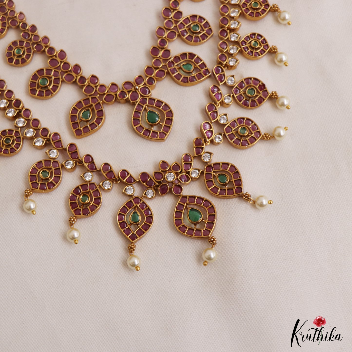 Premium Antique Floral Motifs Double Layered Necklace With Pearl Drops NC3033