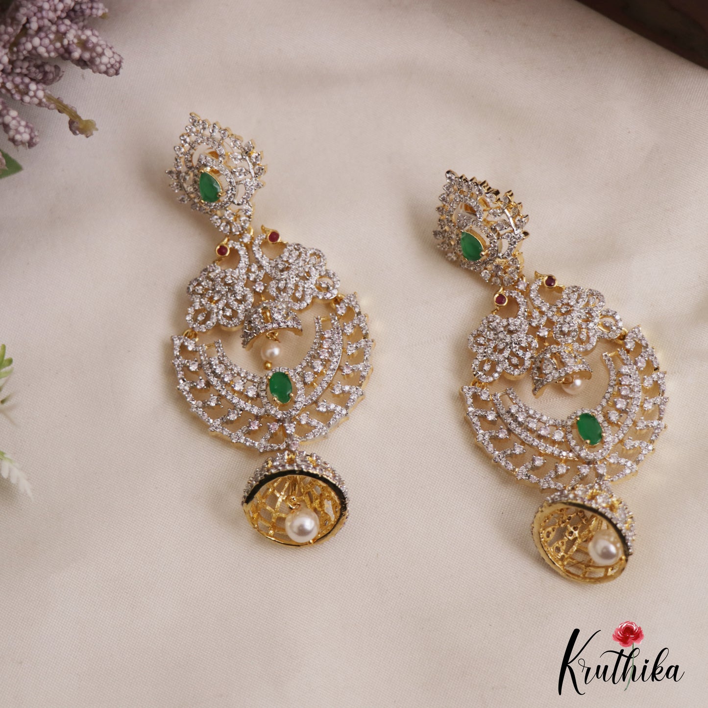 Stunning Peacock Motifs AD Victorian Chandbali Jhumka Earrings With Pearl Drop E1132 (Available In 3 Colors)