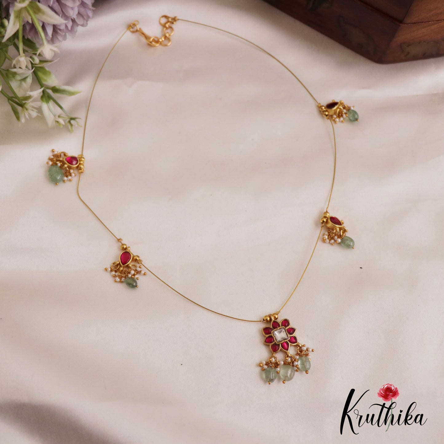 Simple Floral Motifs Jadau Invisible Chain With Bead Drops NC2722 (Available In 2 Colors)