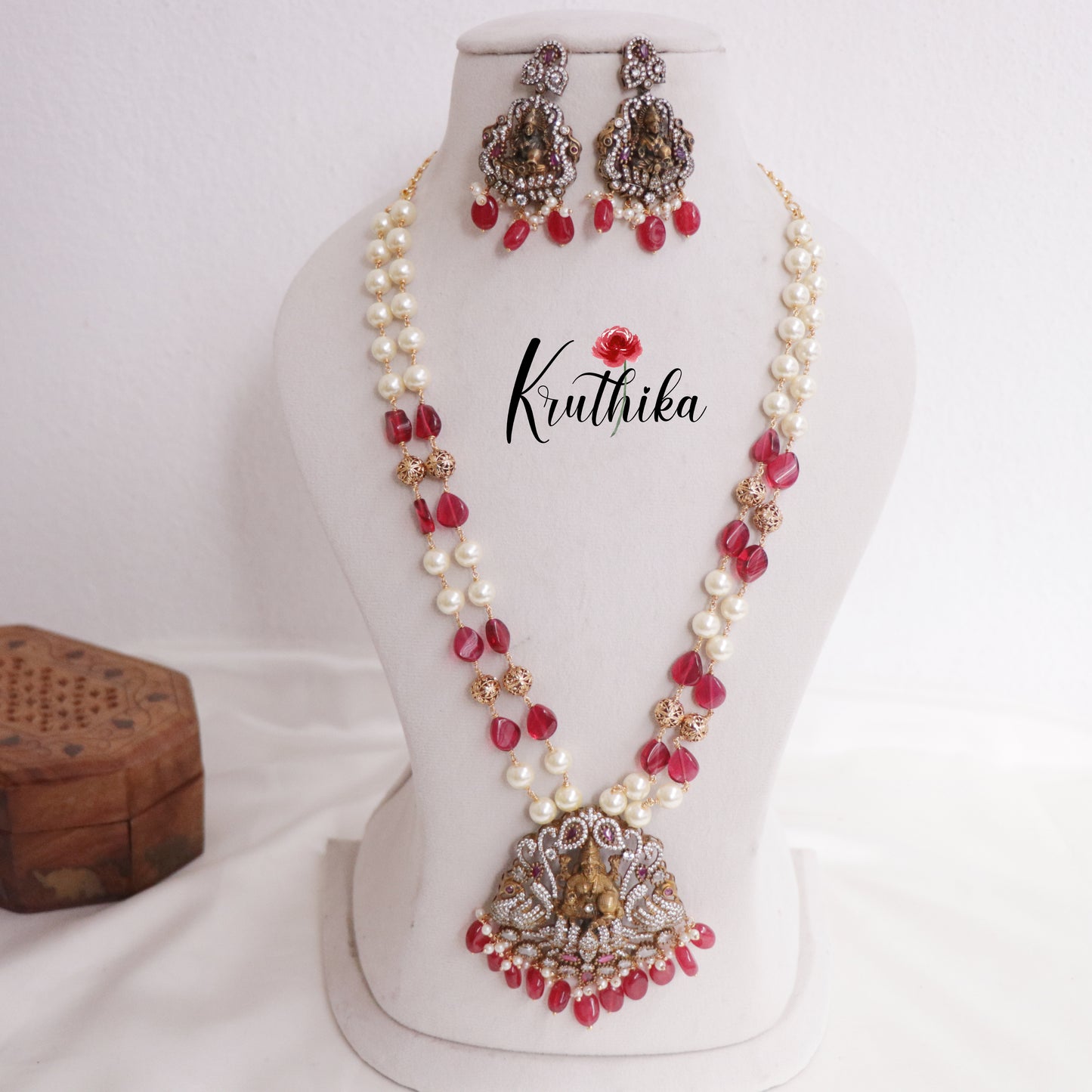 Trendy Temple Lakshmi Pearl Long Haaram with Beads Drops LH1978