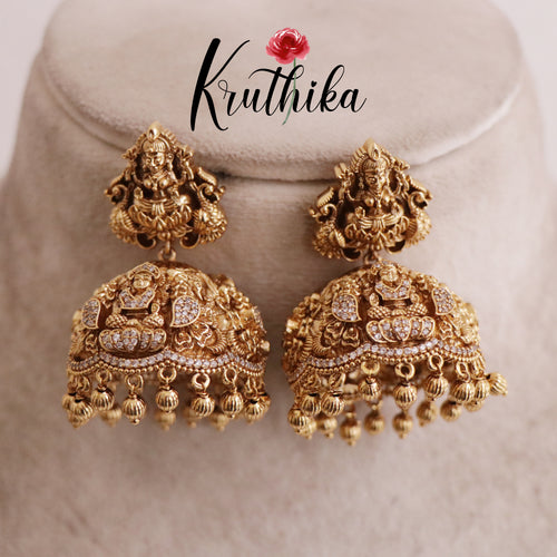 Grand Temple Lakshmi Jhumkas with Golden Beads E507