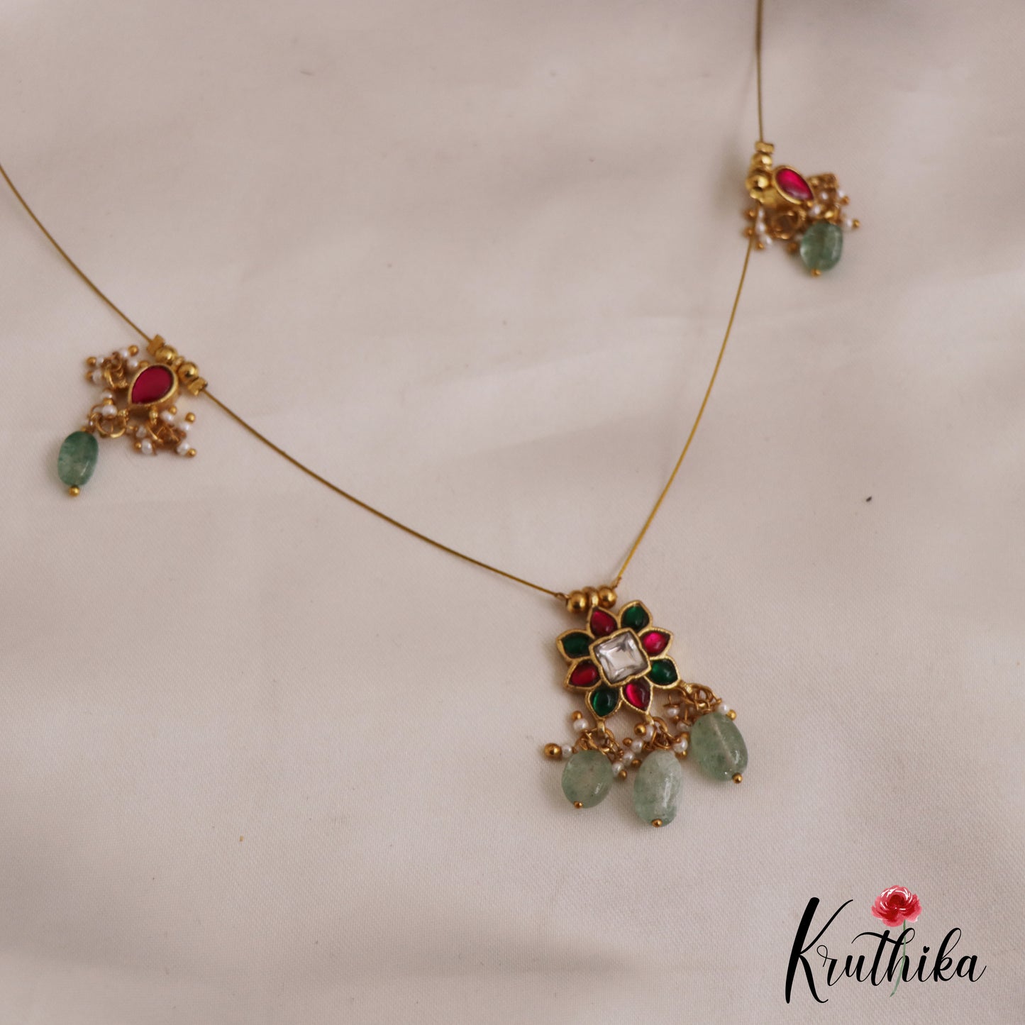 Simple Floral Motifs Jadau Invisible Chain With Bead Drops NC2722 (Available In 2 Colors)
