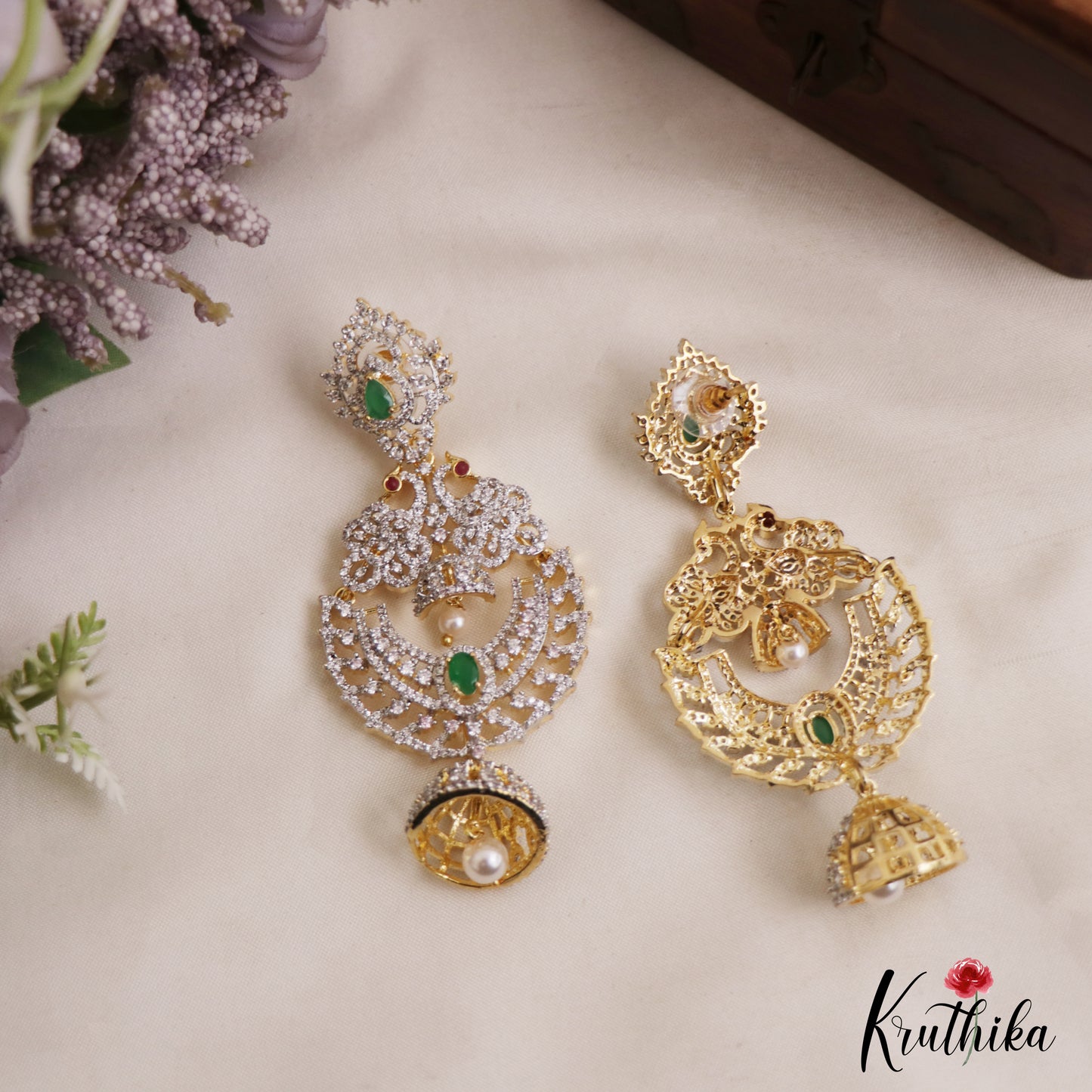 Stunning Peacock Motifs AD Victorian Chandbali Jhumka Earrings With Pearl Drop E1132 (Available In 3 Colors)
