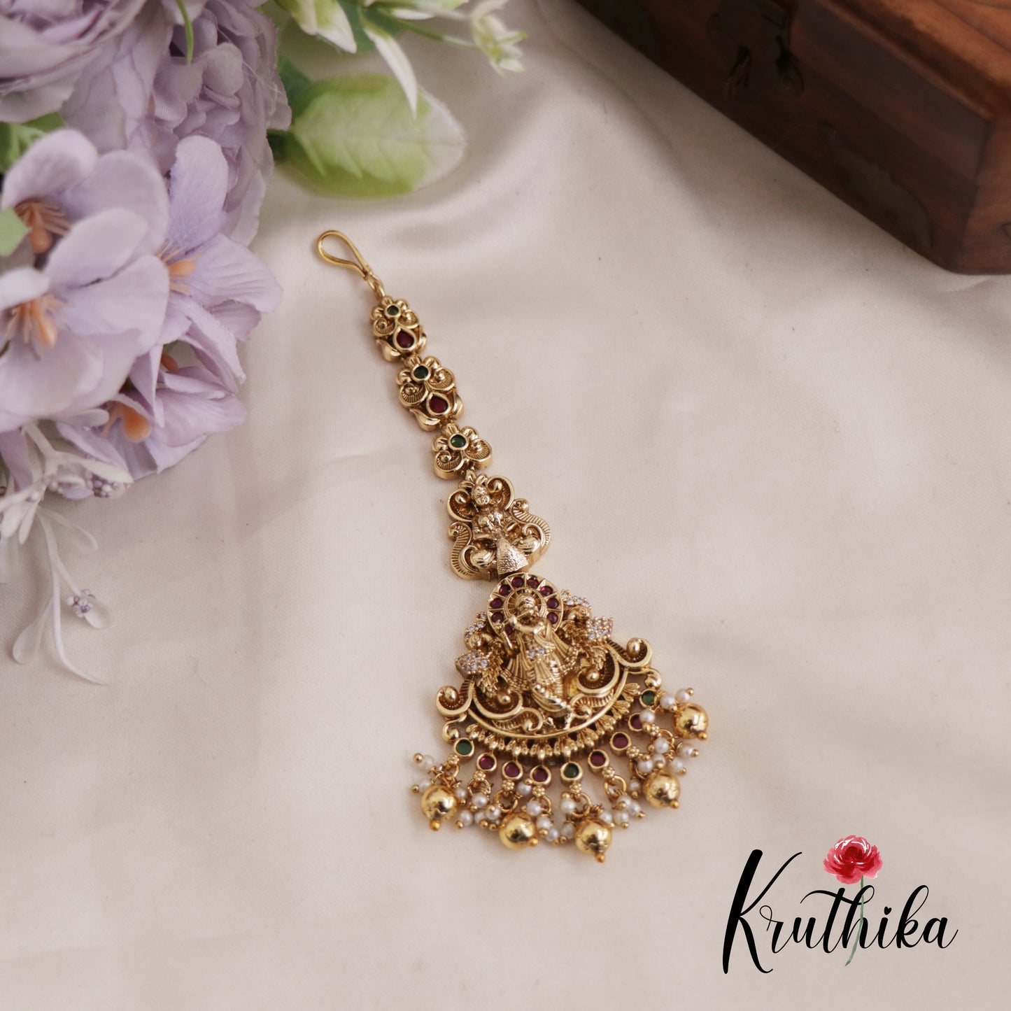 Beautiful Krishna Motifs Maang Tikka With Pearl And Bead Drops MT331 (Available In 2 Colors)