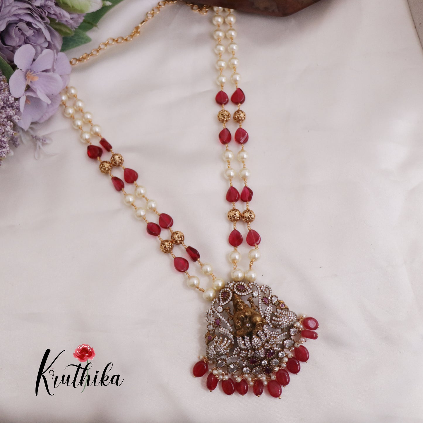 Trendy Temple Lakshmi Pearl Long Haaram with Beads Drops LH1978