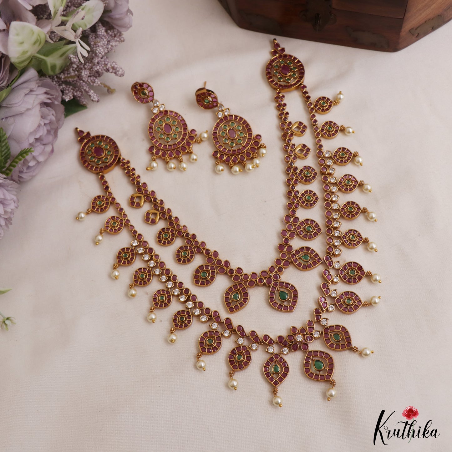 Premium Antique Floral Motifs Double Layered Necklace With Pearl Drops NC3033