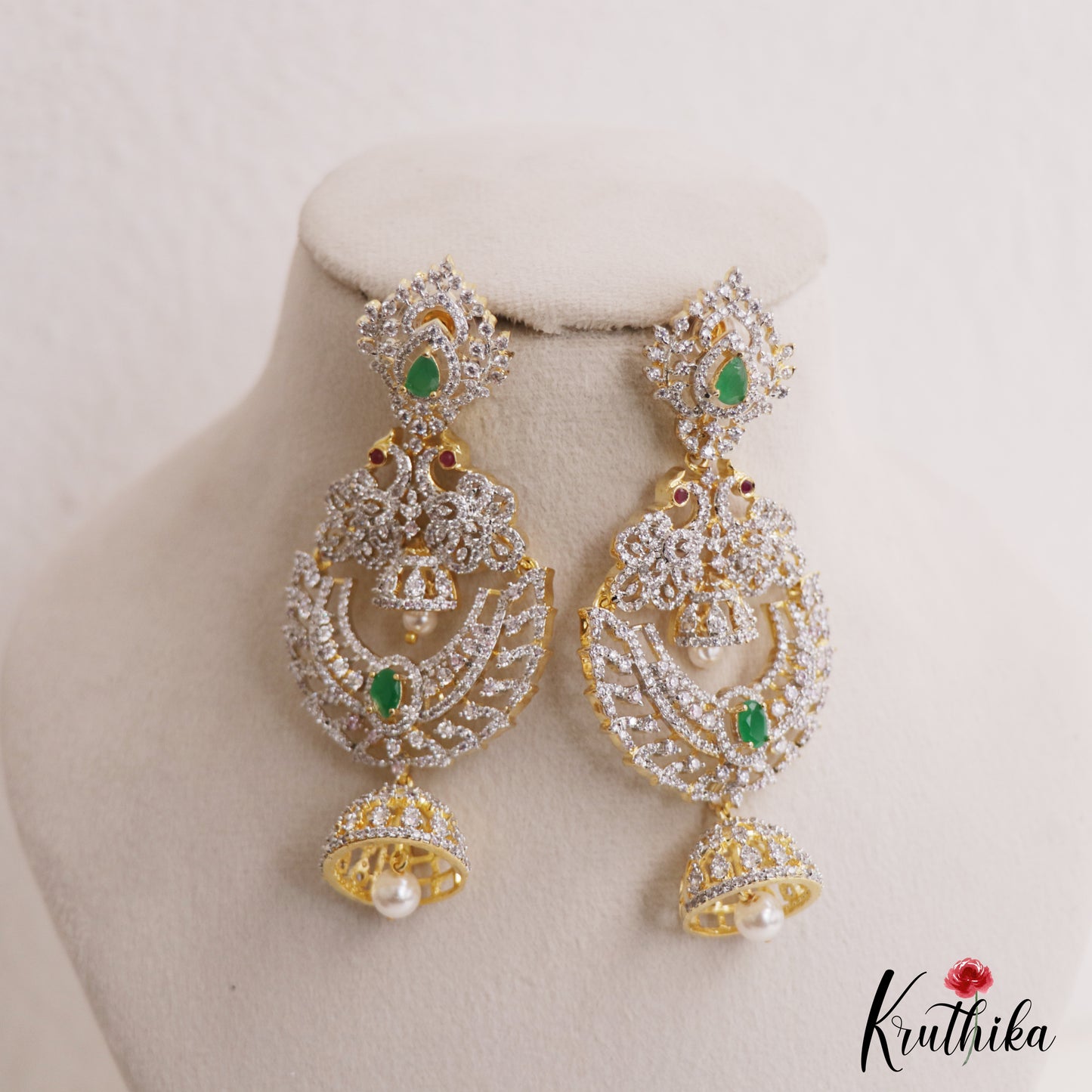 Stunning Peacock Motifs AD Victorian Chandbali Jhumka Earrings With Pearl Drop E1132 (Available In 3 Colors)