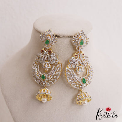 Stunning Peacock Motifs AD Victorian Chandbali Jhumka Earrings With Pearl Drop E1132 (Available In 3 Colors)