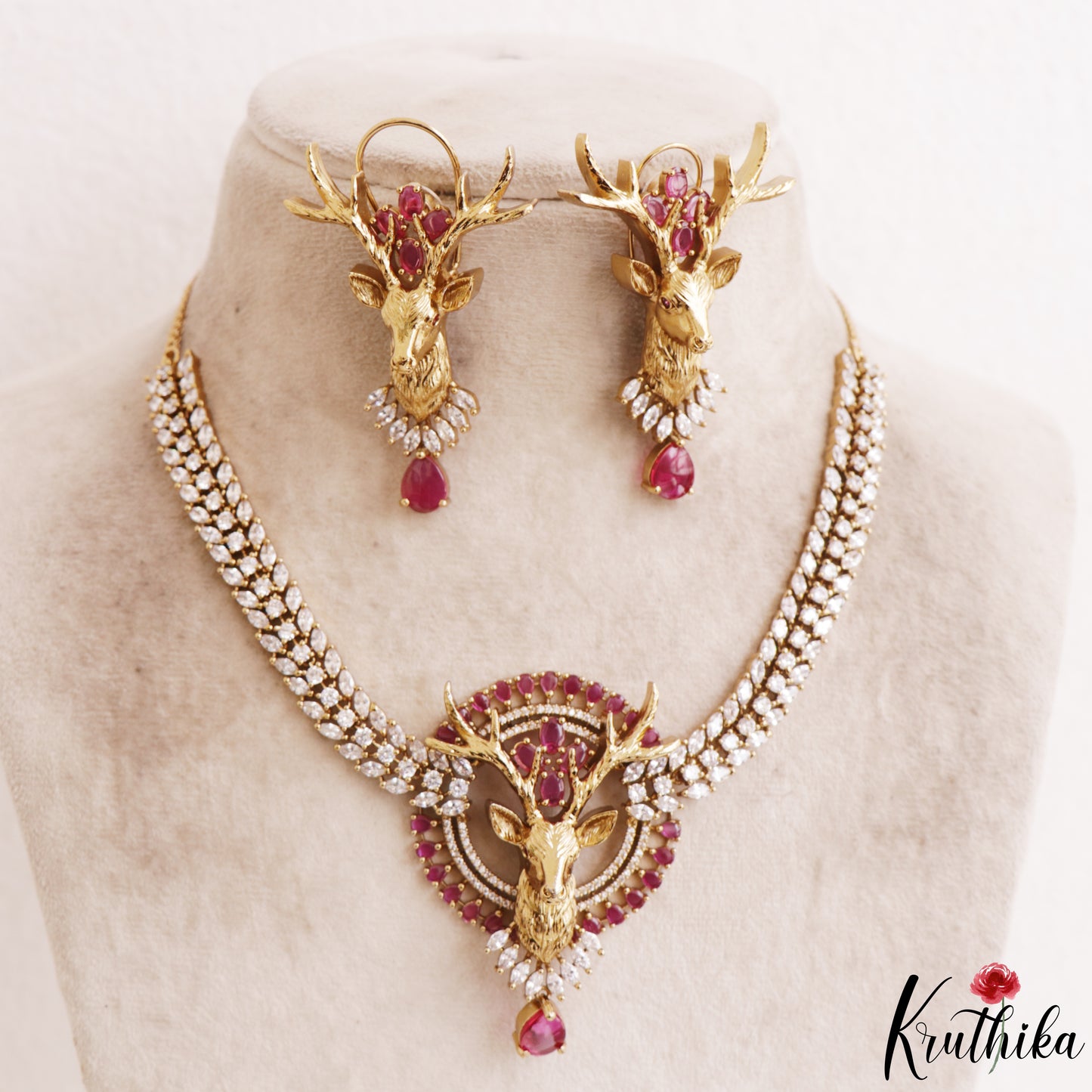Stunning Deer Motifs CZ Victorian Necklace NC3151 (Available In 4 Colors)