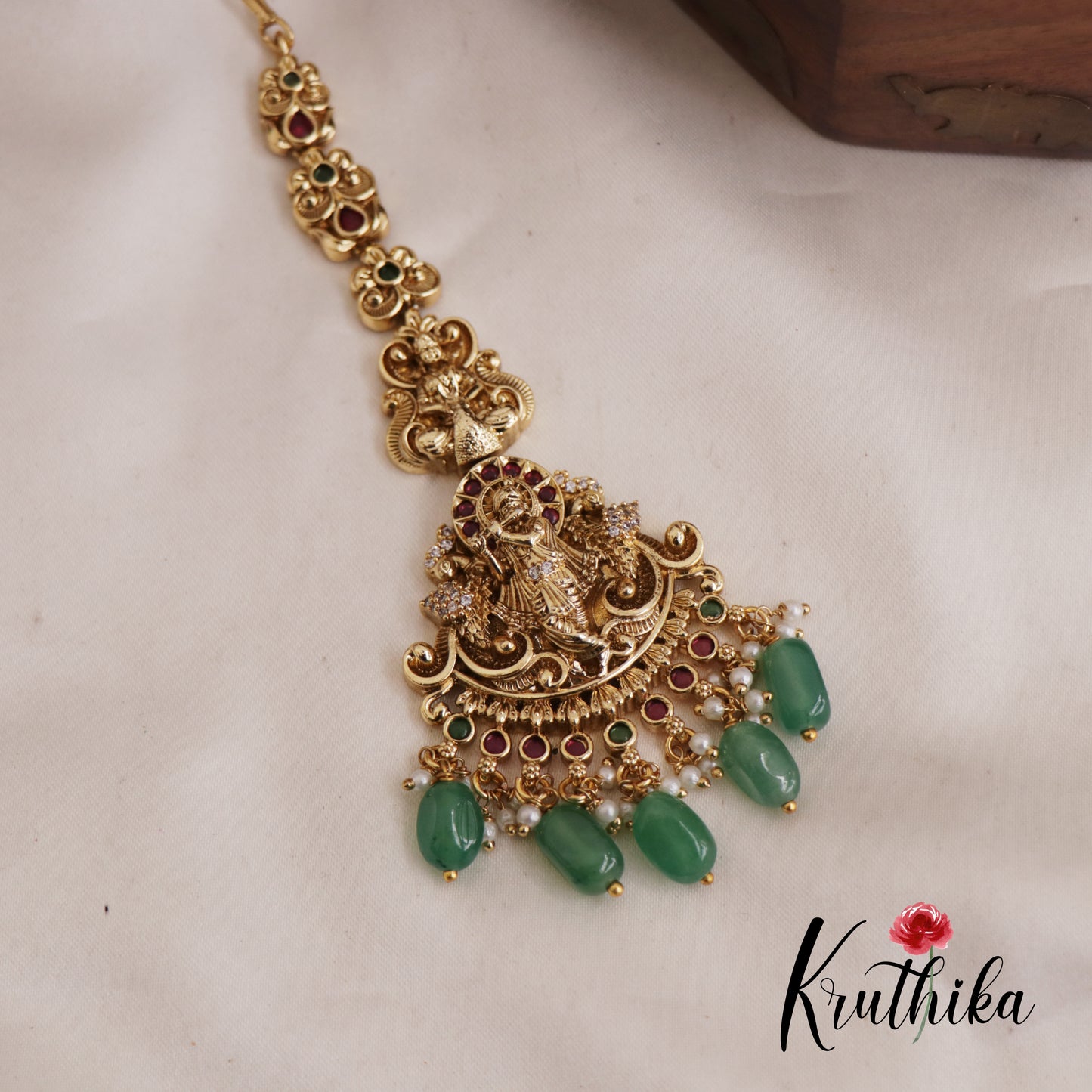 Beautiful Krishna Motifs Maang Tikka With Pearl And Bead Drops MT331 (Available In 2 Colors)