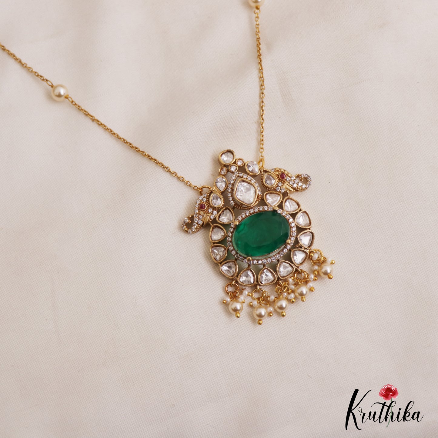 Sparkling Elephant Motifs Polki Victorian Pendant Chain Set LH2107 (Available In 4 Colors)