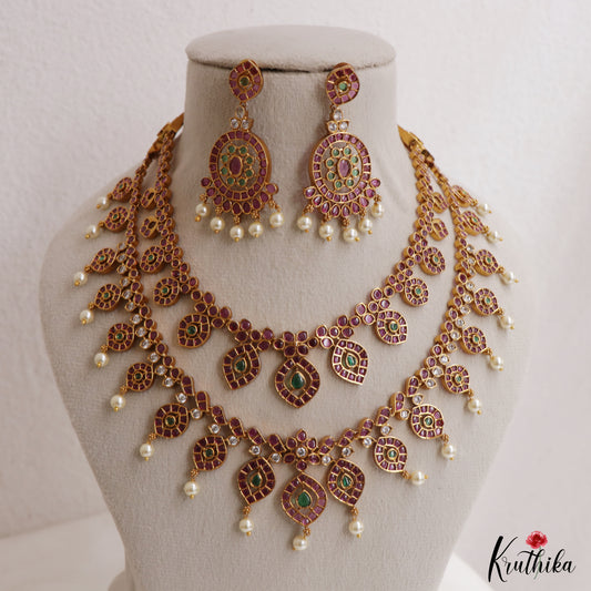 Premium Antique Floral Motifs Double Layered Necklace With Pearl Drops NC3033