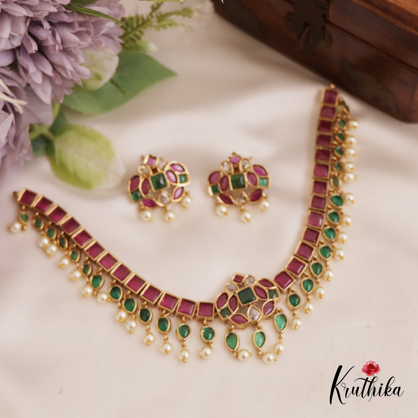 Beautiful Square Leaf Motifs Jadau Necklace With Pearl Drops NC2750 (Available In 2 Colors)