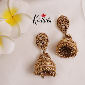 Gorgeous Peacock Design Jhumkas with Golden Beads E508