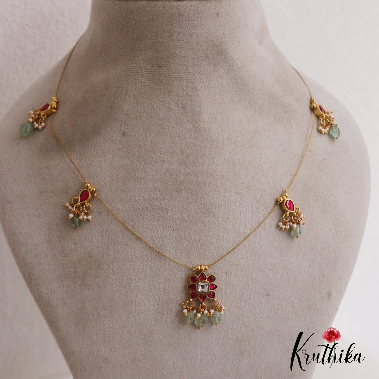 Simple Floral Motifs Jadau Invisible Chain With Bead Drops NC2722 (Available In 2 Colors)