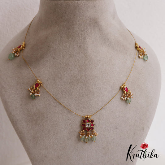 Simple Floral Motifs Jadau Invisible Chain With Bead Drops NC2722 (Available In 2 Colors)