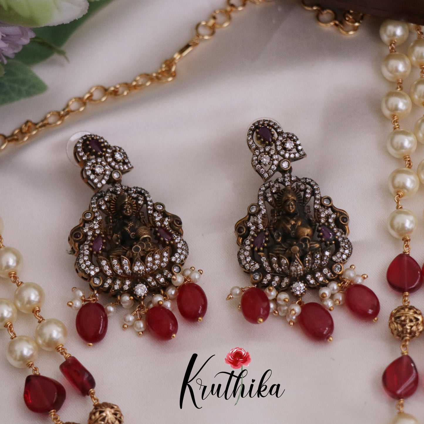 Trendy Temple Lakshmi Pearl Long Haaram with Beads Drops LH1978