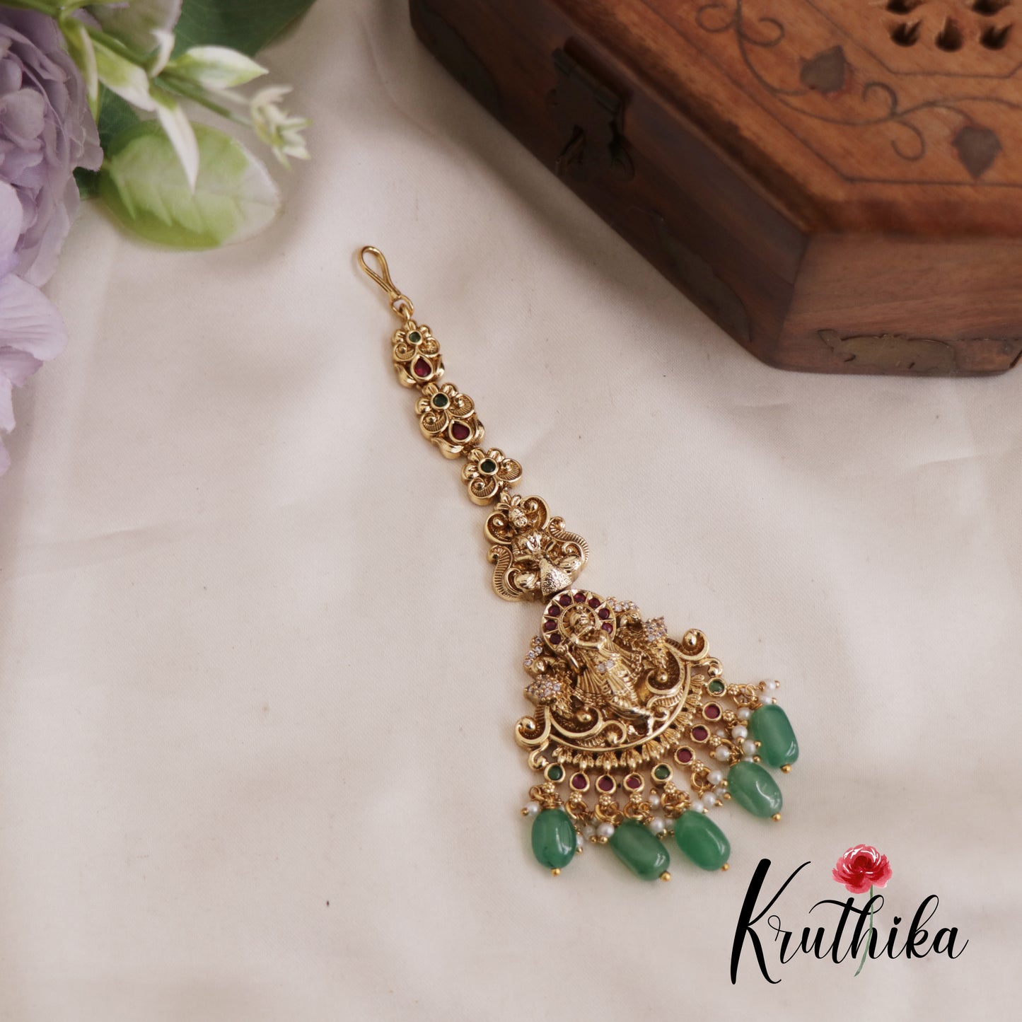 Beautiful Krishna Motifs Maang Tikka With Pearl And Bead Drops MT331 (Available In 2 Colors)