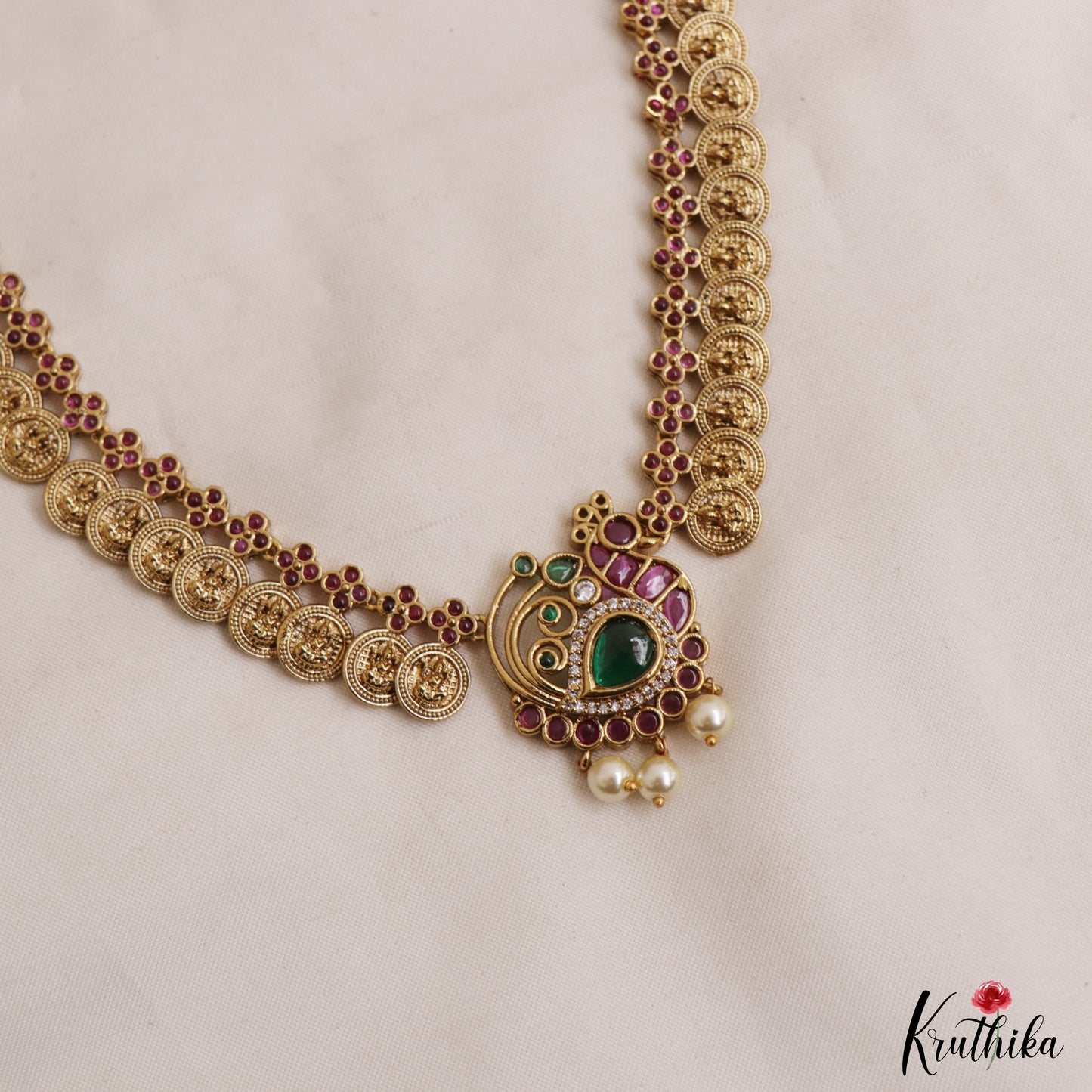 Beautiful Antique Peacock Lakshmi Kasu Haaram With Pearl Drops LH2120
