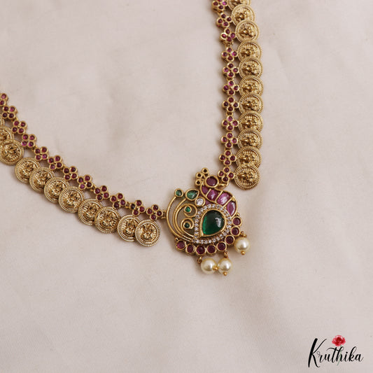 Beautiful Antique Peacock Lakshmi Kasu Haaram With Pearl Drops LH2120