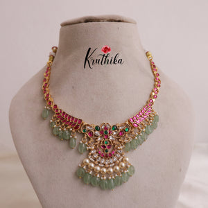 Elegant Jadau Stones Necklace with Pastel Green Beads NC1926