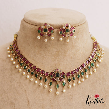 Beautiful Square Leaf Motifs Jadau Necklace With Pearl Drops NC2750 (Available In 2 Colors)