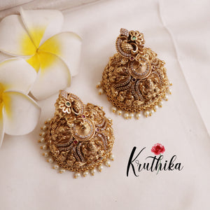 Premium Peacock Design Temple Lakshmi Jhumkas with Pearls Beads E509