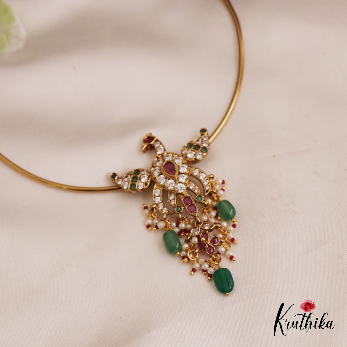Trendy AD Peacock Motifs Jadau Hasli Necklace With Bead Drops NC2751 (Available in 3 Colors)