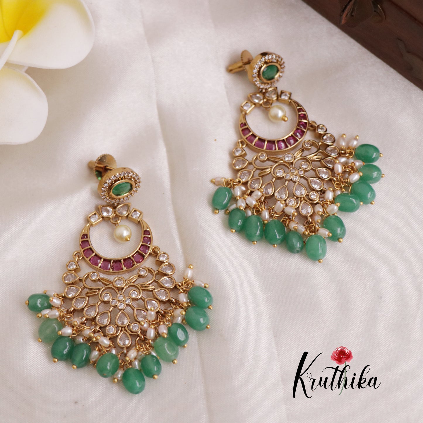 Beautiful Kemp Chandabali Earrings with green bead drops E480