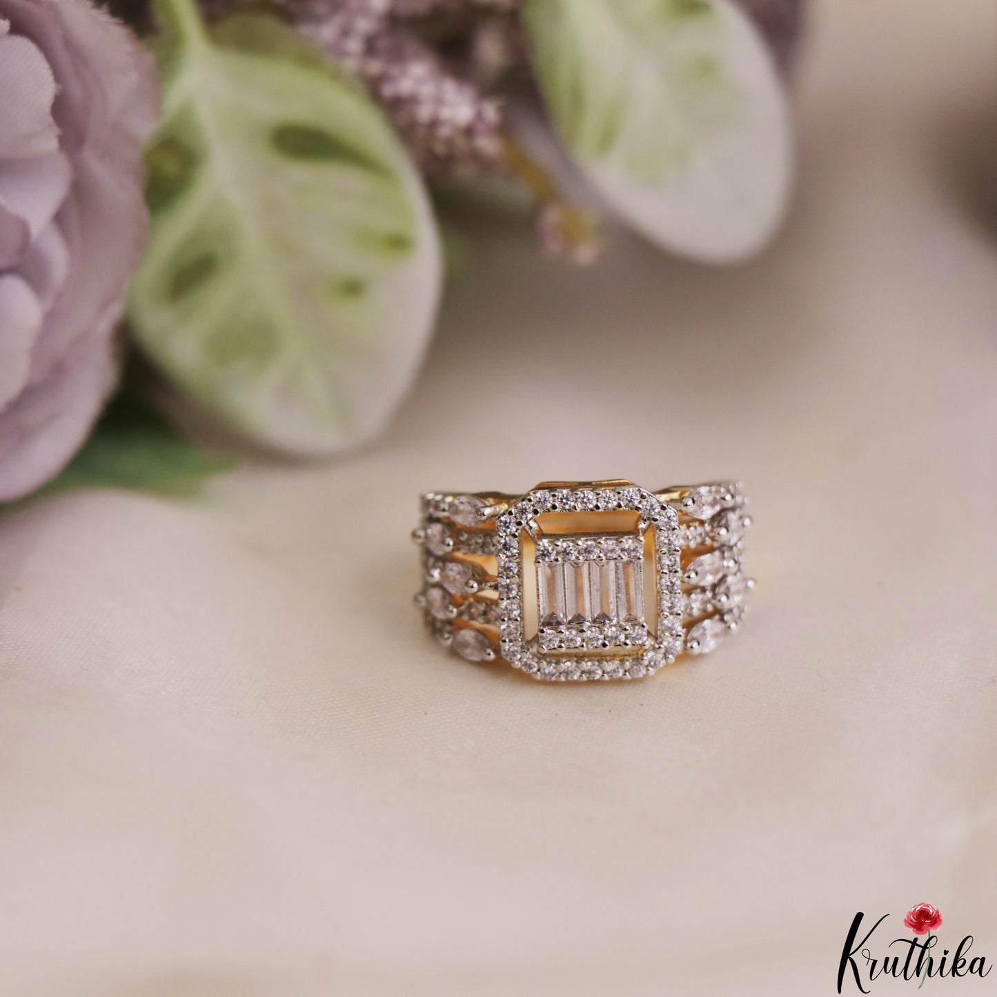 Trendy Adjustable Gold-Tone CZ Finger Ring R60