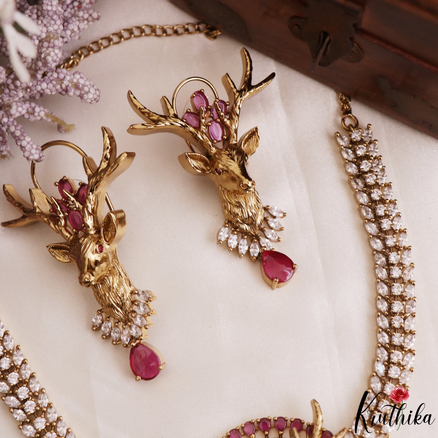 Stunning Deer Motifs CZ Victorian Necklace NC3151 (Available In 4 Colors)
