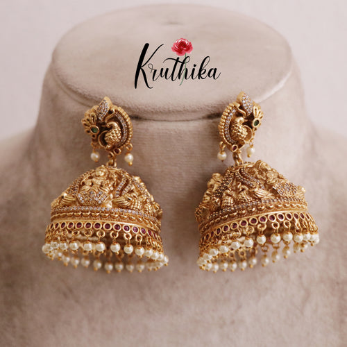 Premium Peacock Design Temple Lakshmi Jhumkas with Pearls Beads E509