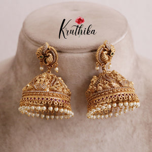 Premium Peacock Design Temple Lakshmi Jhumkas with Pearls Beads E509