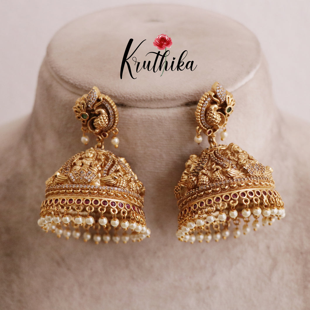 Premium Peacock Design Temple Lakshmi Jhumkas with Pearls Beads E509