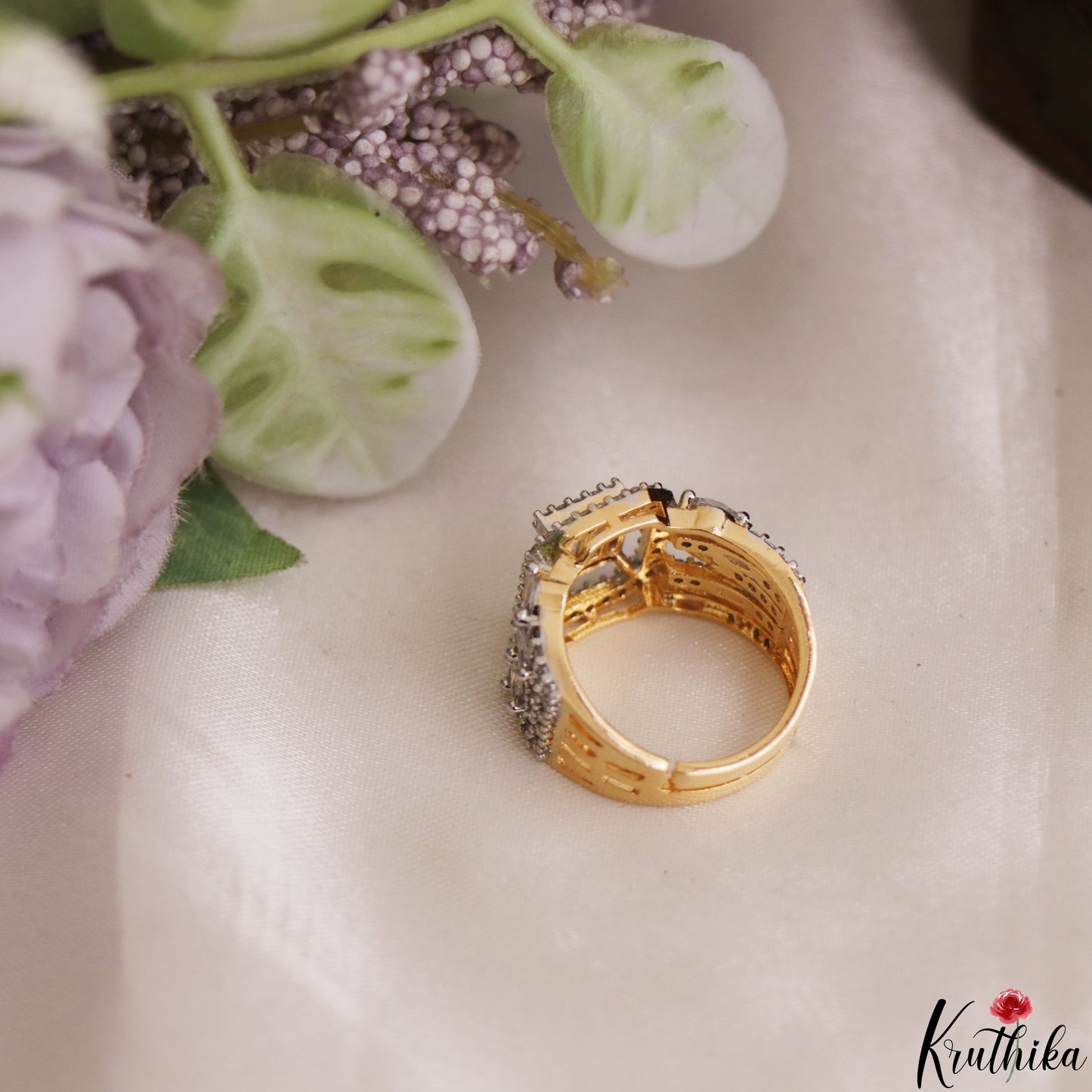 Trendy Adjustable Gold-Tone CZ Finger Ring R60